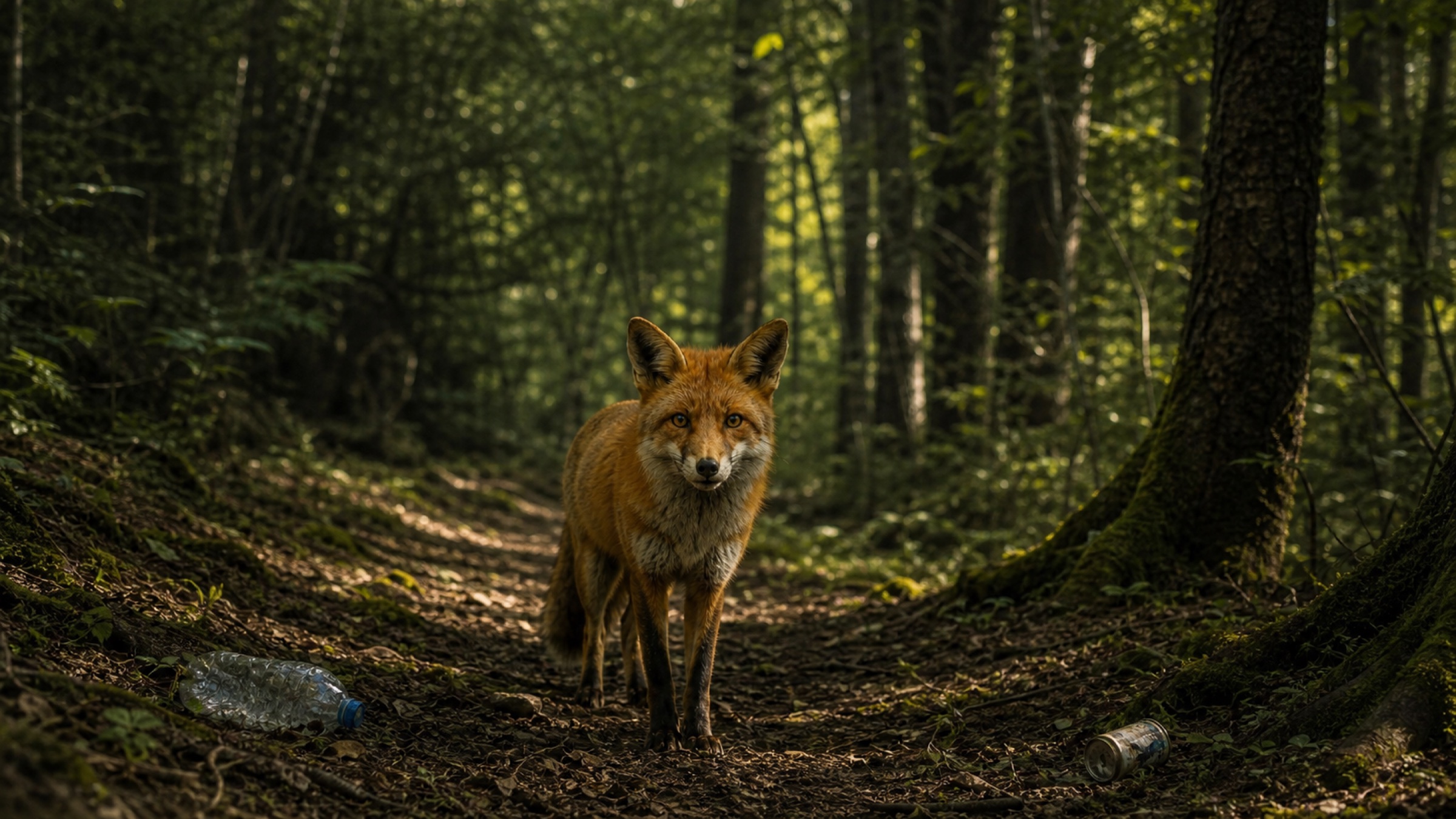 Ein Fuchs steht auf einem Waldweg zwischen einer Plastikflasche, einer Dose und einer Verpackung.