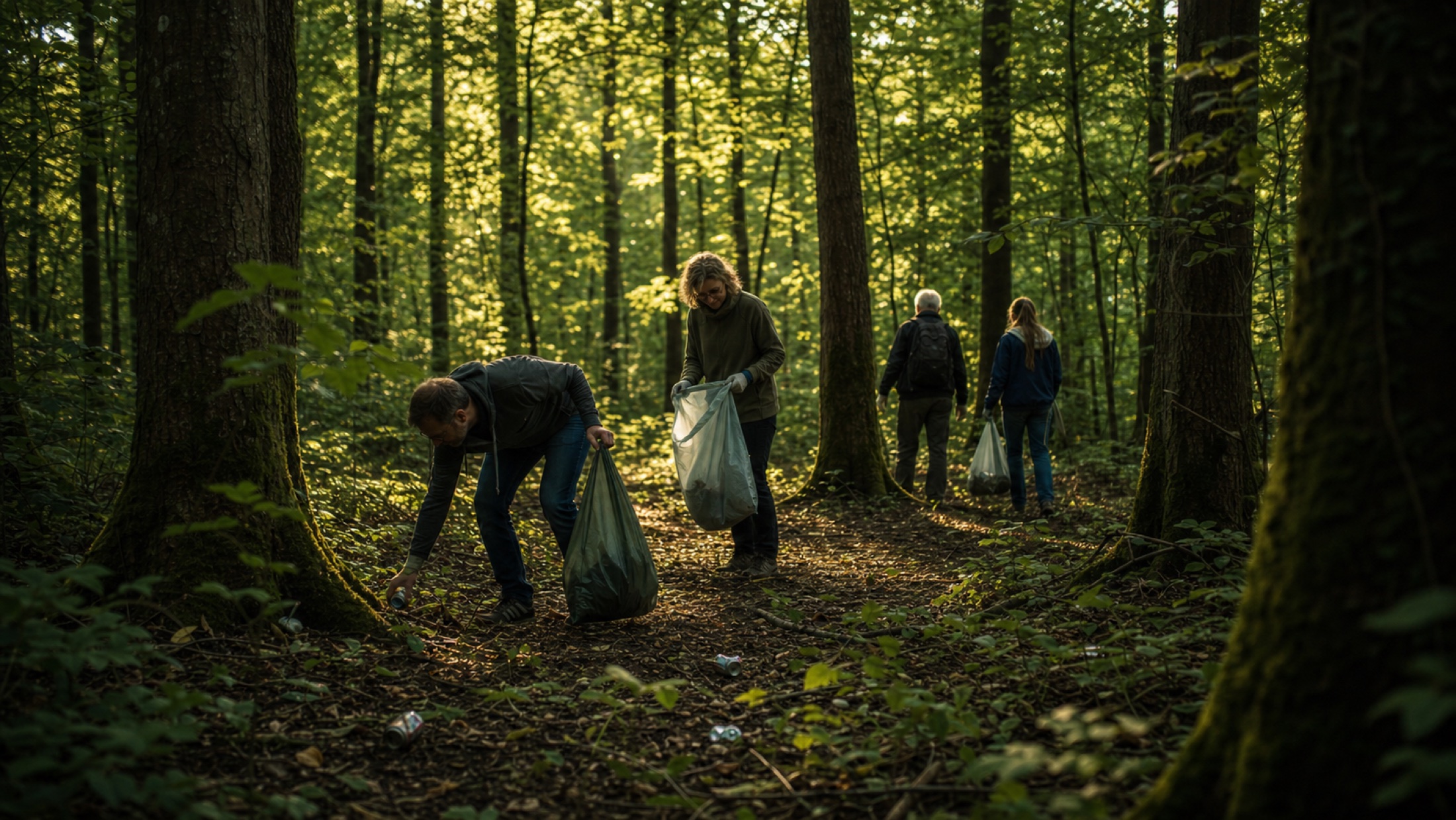 Nachbar*innen sammeln gemeinsam Müll auf einem Waldweg.
