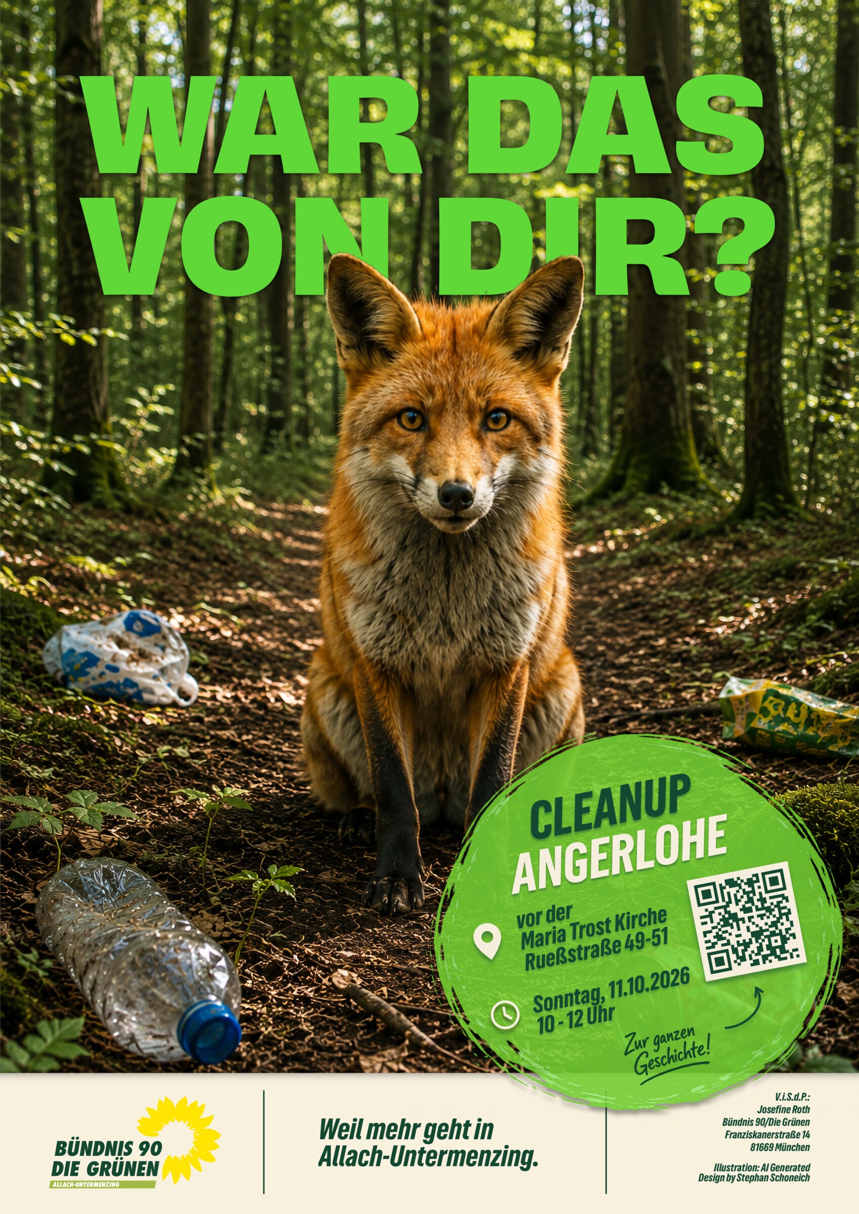 Kampagnenplakat mit einem Fuchs, Müll im Wald und der Frage: War das von dir?
