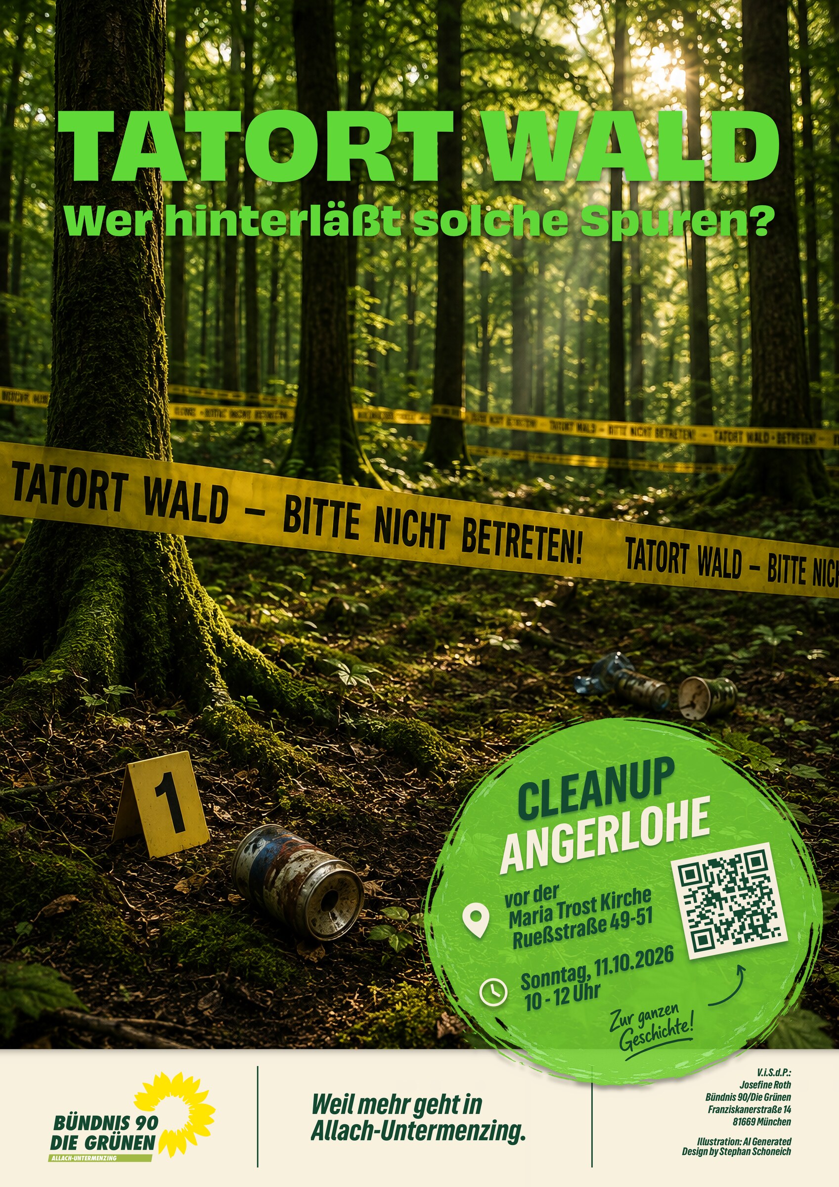 Kampagnenplakat Tatort Wald mit Absperrband und weggeworfenen Dosen.