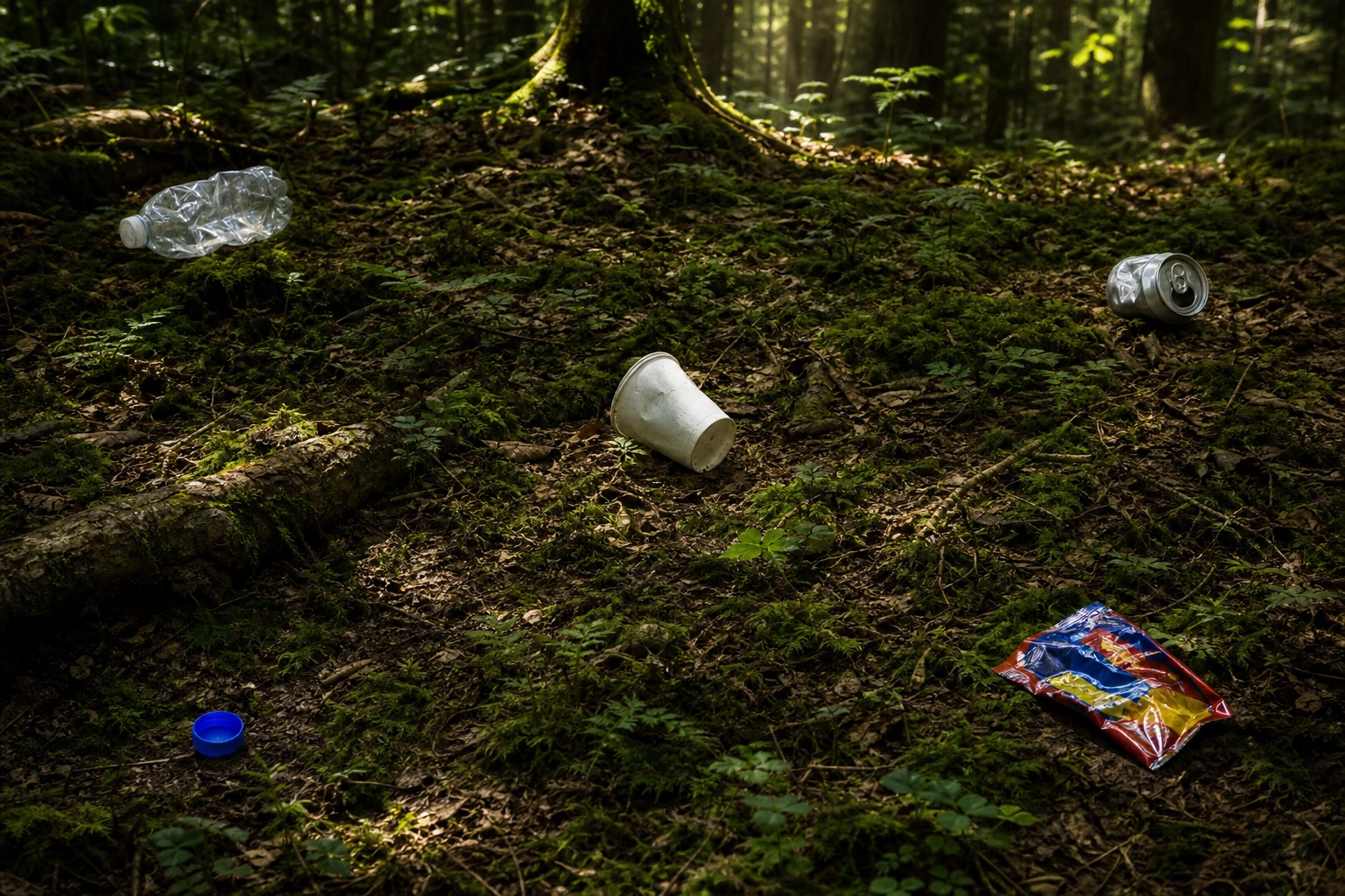 Auf dem Waldboden liegen eine Plastikflasche, eine Dose, ein Becher, eine Verpackung und ein blauer Deckel.